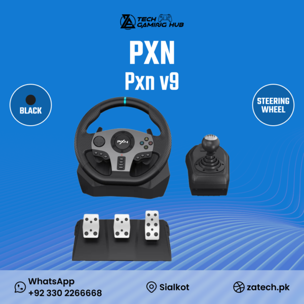 PXN V9 Gaming Racing Wheel, a simulation racing set including a steering wheel, pedals, and a gear shifter.