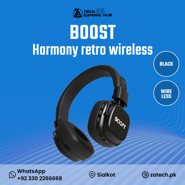 Boost Harmony Retro Wireless Headset, a matte black Bluetooth headset.