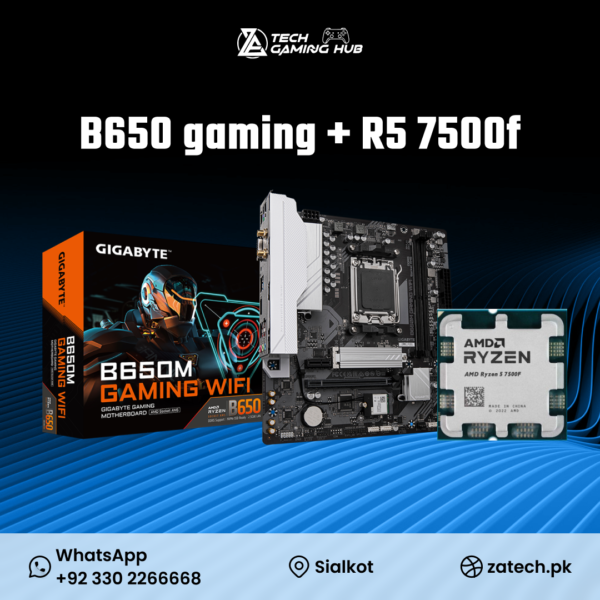Gigabyte B650M Gaming WIFI motherboard paired with an AMD Ryzen 5 7500F processor.