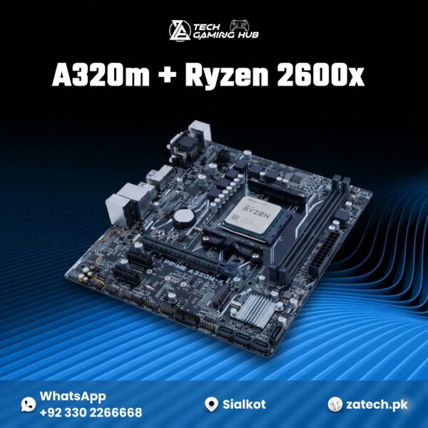 ASUS PRIME A320M-K motherboard paired with the AMD Ryzen 5 2600X processor.