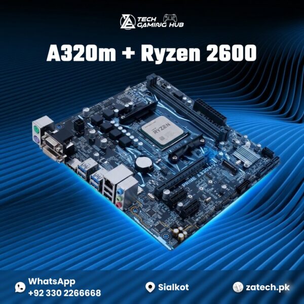 ASUS Prime A320M-K motherboard paired with an AMD Ryzen 2600 processor.