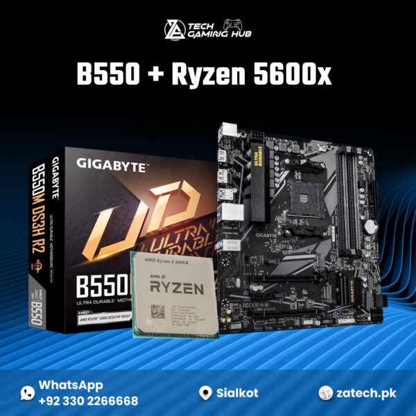 Gigabyte B550M DS3H AC micro-ATX motherboard bundled with an AMD Ryzen 5 5600X processor.