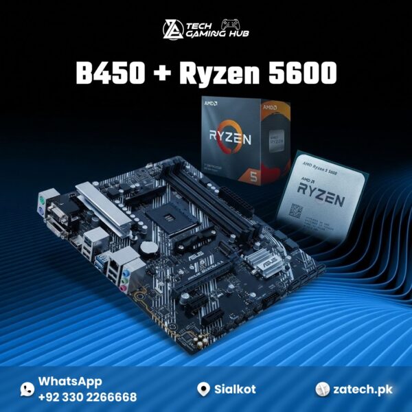 AMD Ryzen 5 5600 processor and an ASUS Prime B450M-A II motherboard.