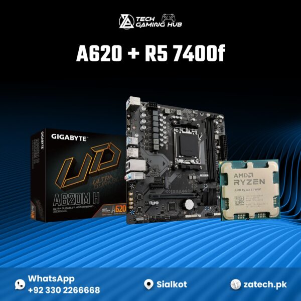 Gigabyte A620M H motherboard and an AMD Ryzen 5 processor bundle.
