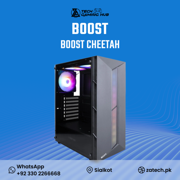 Boost Cheetah RGB Mid-Tower ATX PC Case, a product designed for gaming setups.