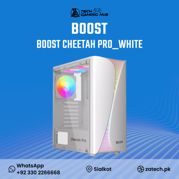 Boost Cheetah Pro RGB Mid-Tower ATX (White) PC gaming case.
