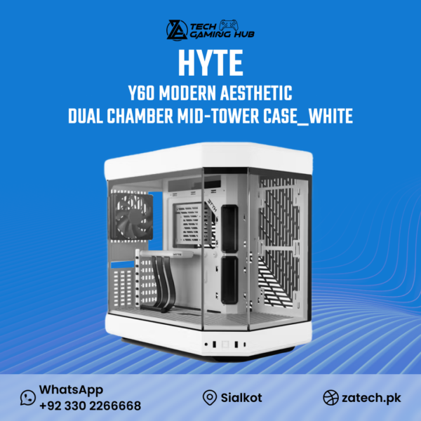 HYTE Y60 Modern Aesthetic Dual Chamber Mid-Tower Case in white.
