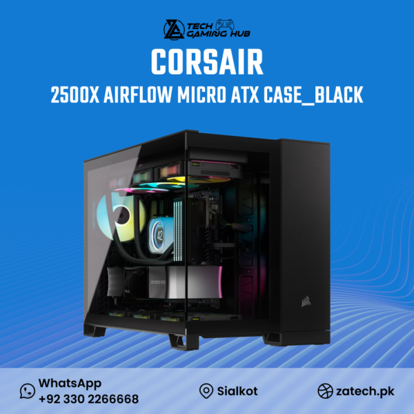 Corsair iCUE LINK 2500X RGB Micro ATX Dual Chamber PC Case in black.
