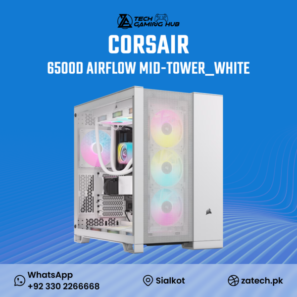 Corsair 6500D AIRFLOW Mid-Tower Dual Chamber PC Case in white.