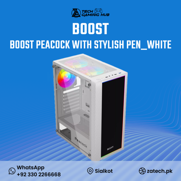 Boost Peacock Mid-Tower ATX PC Case in white.