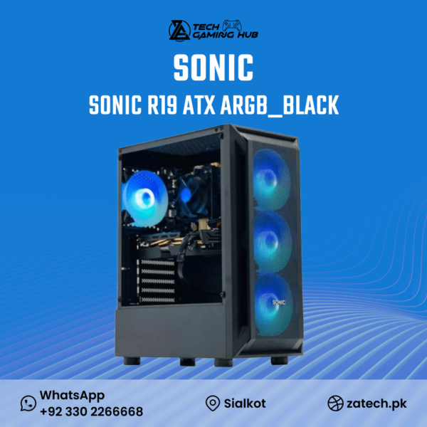 Sonic R19 ATX ARGB Black gaming computer casing.