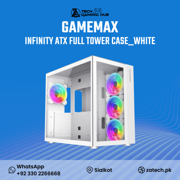 GameMax Infinity ATX Full Tower Case in white, a panoramic PC