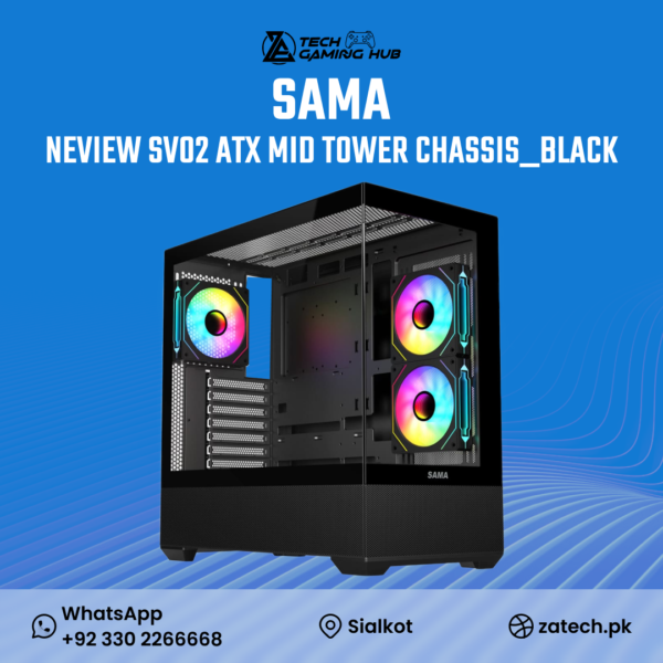 SAMA Neview SV02 ATX Mid Tower computer chassis in black,