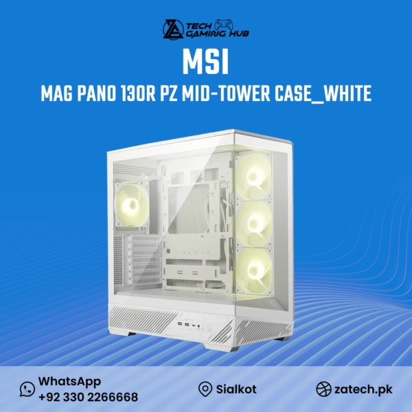 MSI MAG PANO 130R PZ, a white mid-tower gaming case.