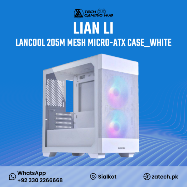 Lian Li LANCOOL 205M Mesh Micro-ATX PC Case in white.