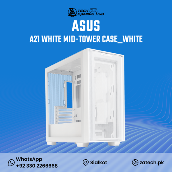 ASUS A21 White Mid-Tower Case, a micro-ATX chassis designed for minimalist DIY PC builds.