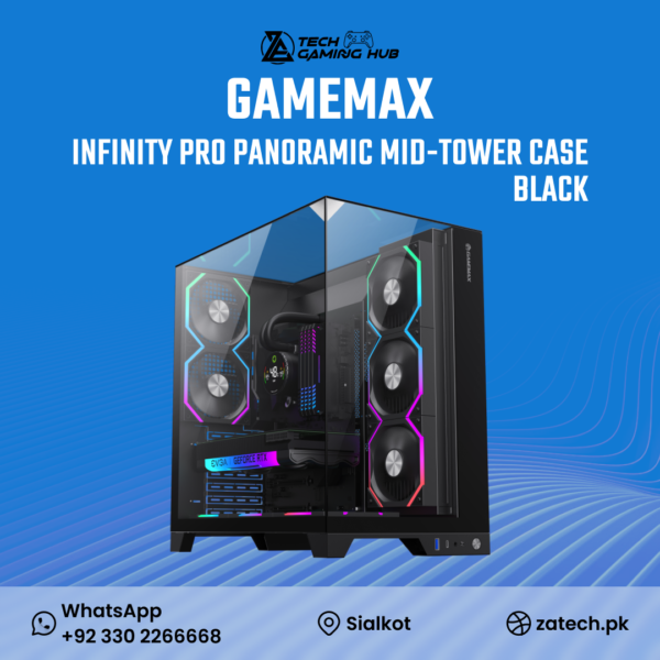 GameMax Infinity Pro Panoramic Mid-Tower Case, a black gaming PC