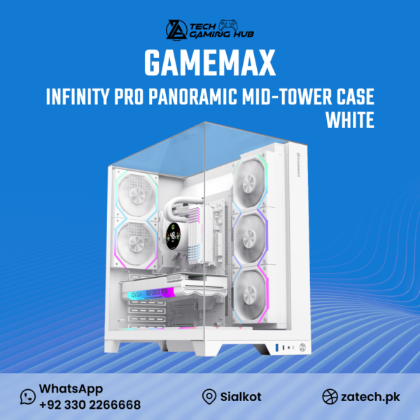 GameMax Infinity Pro Panoramic Mid-Tower Case, a White gaming PC