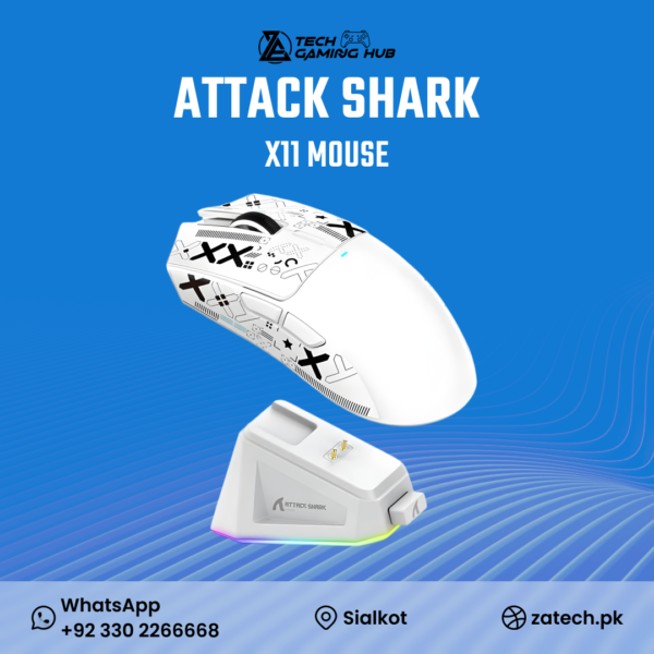 Attack Shark X11 White Tri-Mode Wireless Gaming Mouse and its magnetic charging dock.