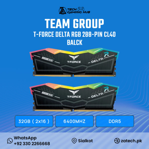 TEAMGROUP T-Force Delta RGB DDR5 Desktop Memory Kit (32GB, 2x16GB) in black.