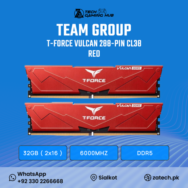 Teamgroup T-Force Vulcan DDR5 32GB (2x16GB) 6000MHz CL38 Desktop Memory kit in red.