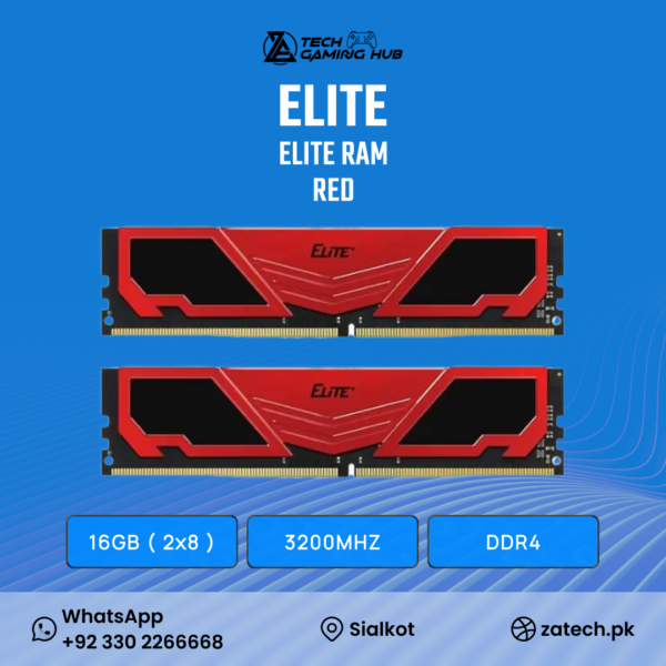 TeamGroup Elite Plus DDR4 16GB (2x8GB) 3200MHz RAM kit, featured in red.