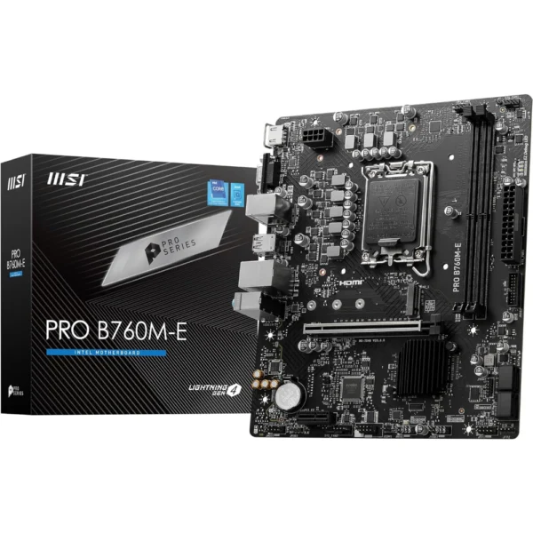 MSI PRO B760M-E DDR5 Motherboard, Micro-ATX – Supports Intel 14th, 13th & 12th Core Processors, LGA 1700 – DDR5 Memory Boost 5600MHz, PCIe 4.0 x16 Slot, M.2 Gen4 Slot