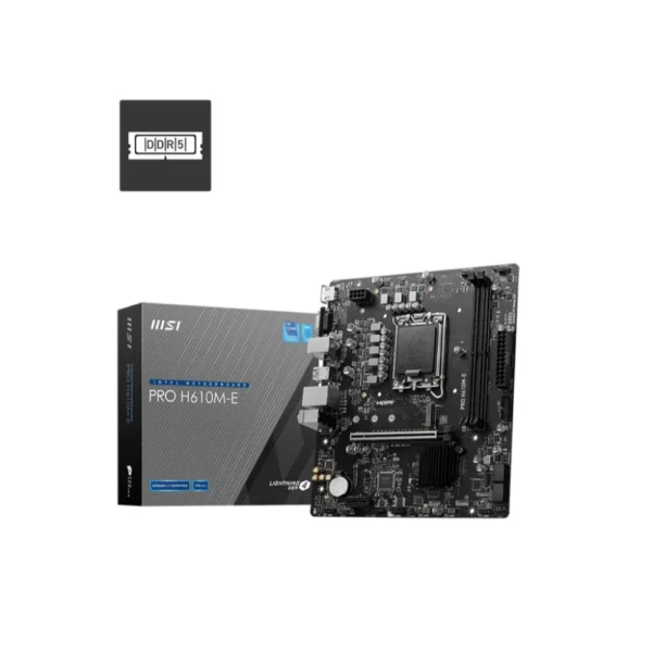 MSI PRO H610M-E DDR5 Motherboard, Micro-ATX – Supports Intel 12th Gen Core Processors, LGA 1700-2 x DIMMs (3200MHz), 1x PCIe 4.0 x16 Slot, 1 x M.2 Gen3, USB 3.2 Gen1, 1G LAN, HDMI 1.4 & VGA